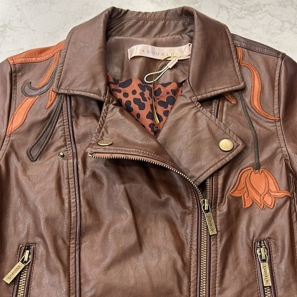 Esqualo Embroidered Vegan Leather Moto Jacket Zipper Detail Size 4 NWT - Picture 5 of 16